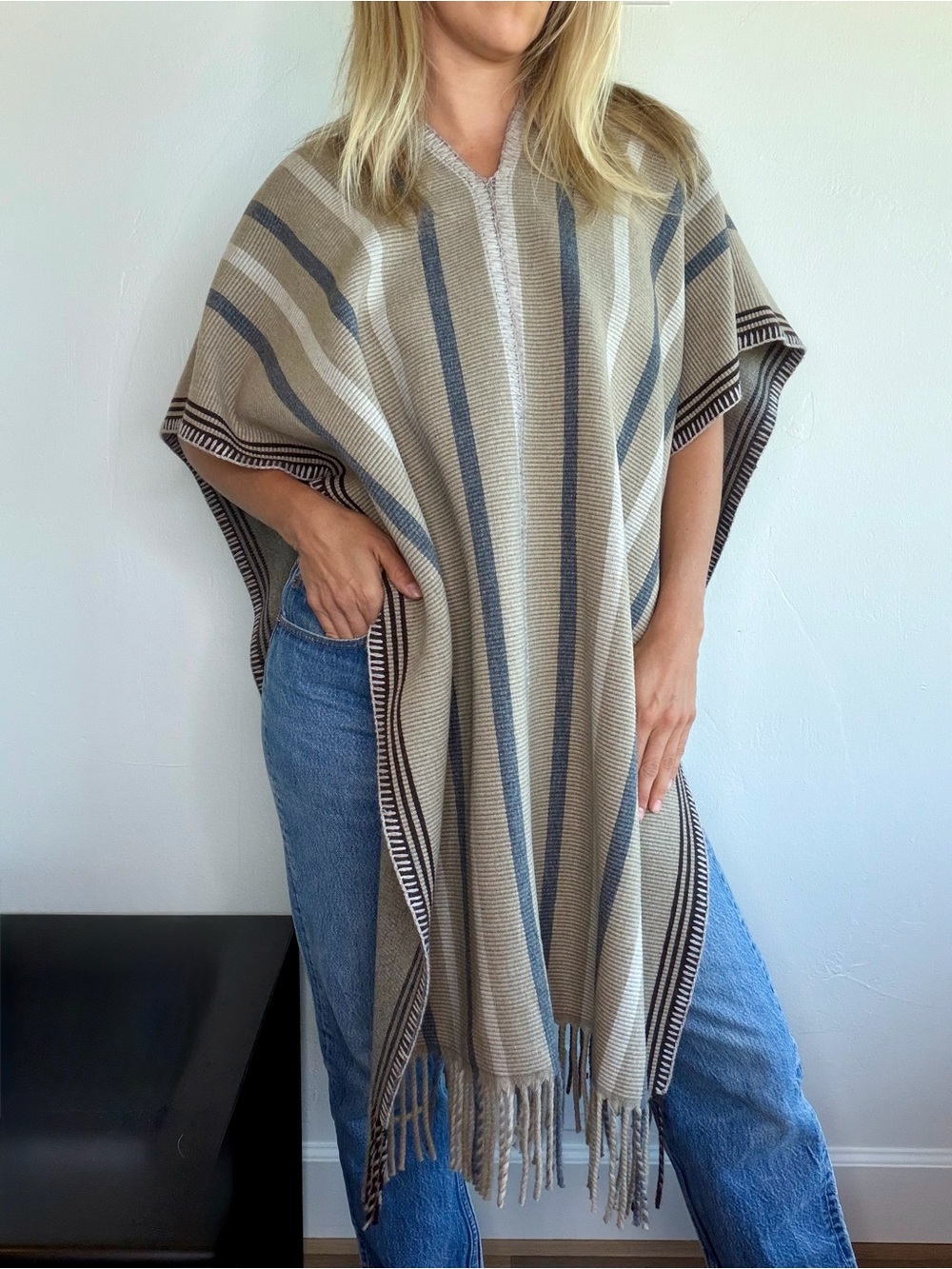 Closed Beige and Taupe Striped V-Neck Poncho with Fringe
